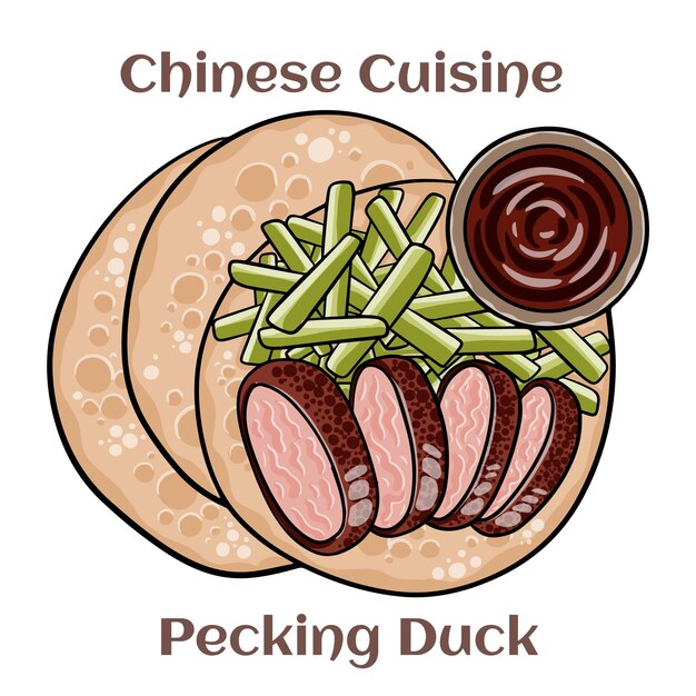 Peking-Ente Die Ente wird mit Frühlingszwiebeln, Gurken und süßer Bohnensauce mit Pfannkuchen gegessen, die um die Füllungen gerollt werden Chinesisches Essen Vektorbild isoliert