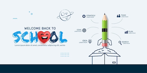 Pencil Rakete startet aus Box Infografik Zurück zum Schulhintergrund, Denken Sie über den Tellerrand hinaus