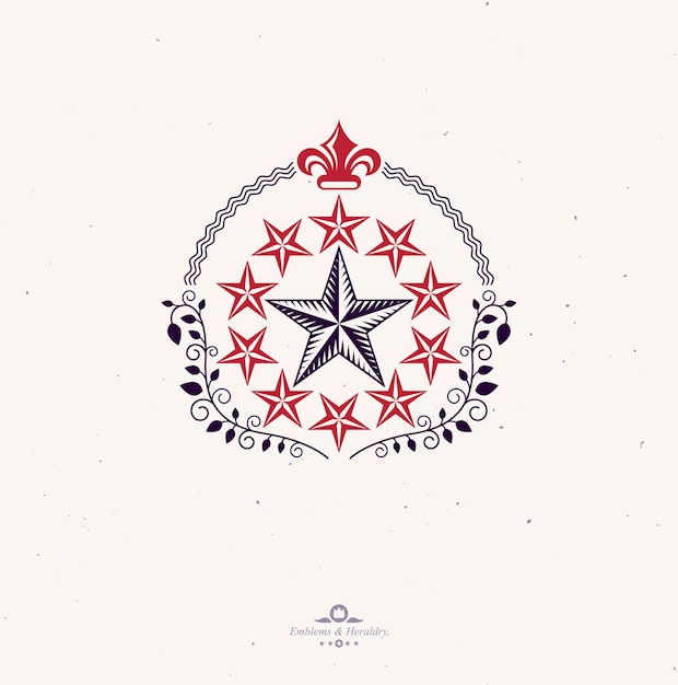 Vektor pentagonal stars-emblem mit königlicher lilienblume und floralem ornament, union-themensymbol. heraldisches wappen, vintage-vektorlogo.