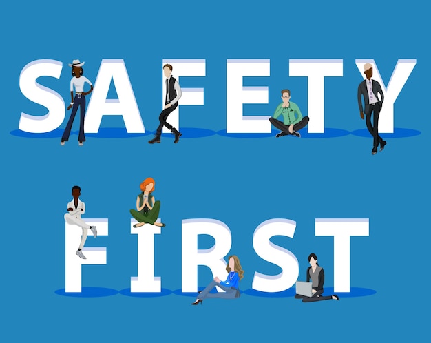 Vektor people on safety first für web mobile app-präsentationen