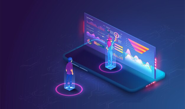 People work and interacting with graphs icons and devices Application of Smartphone with business graph and analytics data on isometric mobile phone Mobile application and website header images
