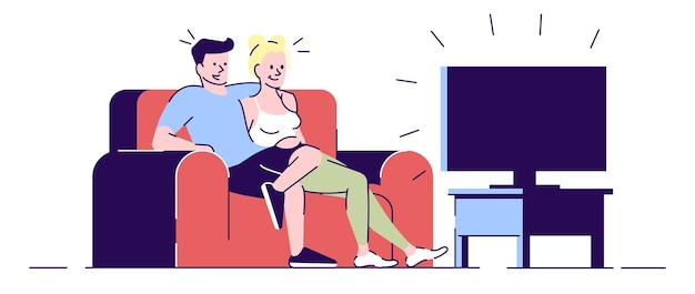 Perfekter Abend entspannen Sie sich flach Vektor-Illustration. Freund umarmt Freundin und schaut Film. Junges Ehepaar sitzt auf dem Sofa isolierte Zeichentrickfiguren mit Umrisselementen auf weißem Hintergrund