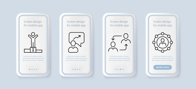 Persönliches wachstum set-symbol rekord-karriere-diagramm verbindung freundschaft beziehung erster platz podest ui-telefon-app-bildschirme mit menschen vektorlinien-symbol für unternehmen und werbung
