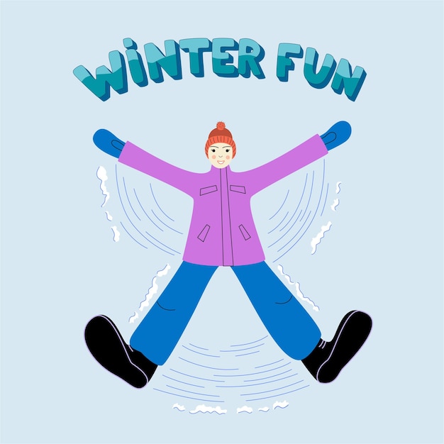 Person, die einen schneeengel mit text macht. winteraktivitäten im freien. spaßzeitillustration