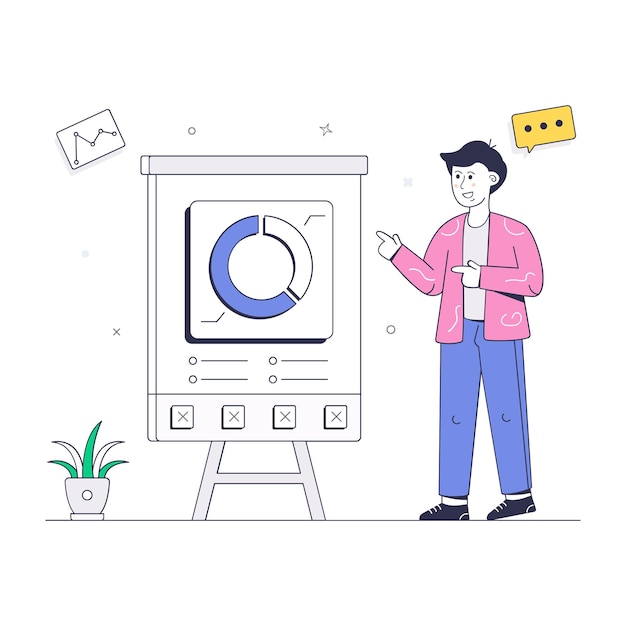 Person, die Geschäftsdiagramm und -diagramm erklärt, eine flache Illustration der Datenpräsentation