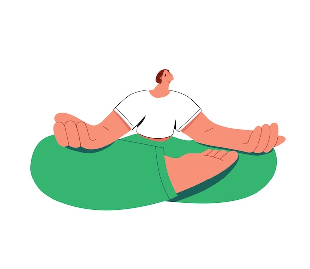 Vektor person entspannt sich beim yoga-training mädchen sitzt mit gekreuzten beinen, übt asana, übt geistiges gleichgewicht frau konzentriert sich auf den atem in der lotus-pose meditation harmonie flache isolierte vektorillustration auf weiß