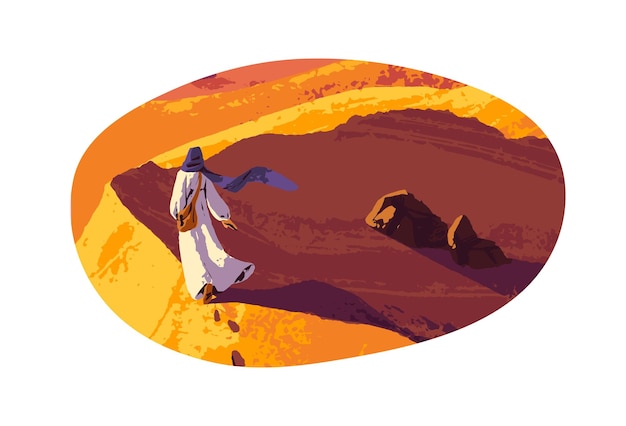 Person geht allein in der Wüste Charakter ist in der Düne Landschaft Wildnis Naturlandschaft Beduin geht weg bleibt Fußabdrücke auf dem Sand Rücksicht flache isolierte Vektor-Illustration auf weißem Hintergrund
