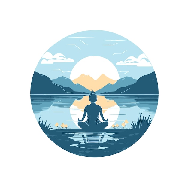 Vektor person in lotus-pose sitzt an einem ruhigen see. vektorillustration