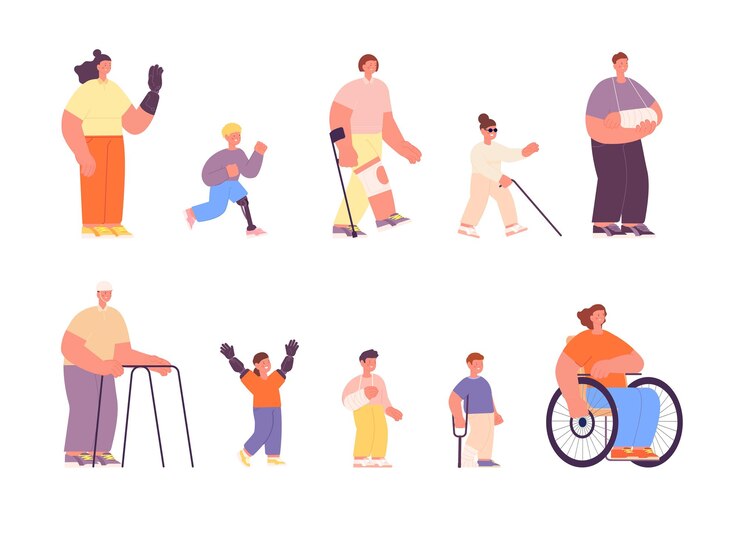 Vektor person mit behinderung behinderte arbeitsschüler behinderungen kinder und erwachsene verletzungen menschengruppe isoliert cartoon junger handicap mann völliger vektorsatz