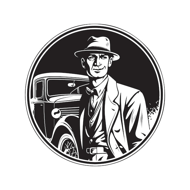 Vektor person mit fahrzeug-vintage-logo-line-art-konzept, schwarz-weiße, handgezeichnete illustration