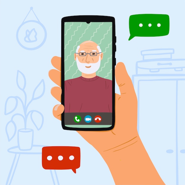 Person ruft großvater durch online-video auf smartphone zu hause an. konzept bleib zu hause und rufe deine eltern aus der videokarte an. hand gezeichnete illustration auf blauem hintergrund mit möbeln.