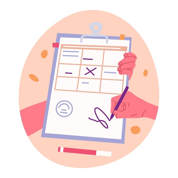 Person unterschreibt Dokumente Menschliche Hand füllt Papier oder Tagesordnung Liste flache Vektor-Illustration Papierarbeit Konzept