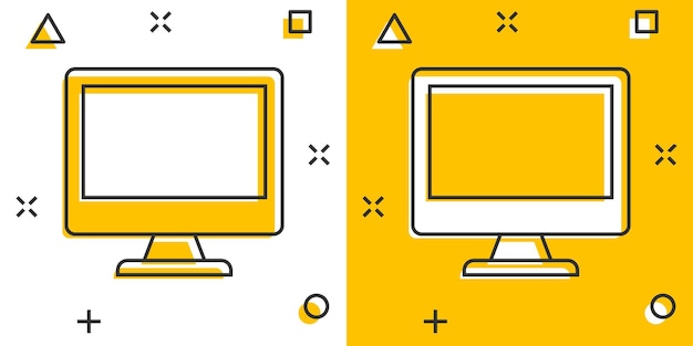 Personal Computer im Comic-Stil Desktop-PC-Cartoon-Vektorillustration auf isoliertem Hintergrund Monitor-Display-Splash-Effekt-Zeichen Geschäftskonzept