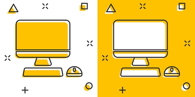 Personal Computer im Comic-Stil Desktop-PC-Cartoon-Vektorillustration auf isoliertem Hintergrund Monitor-Display-Splash-Effekt-Zeichen Geschäftskonzept