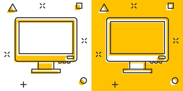 Personal Computer im Comic-Stil Desktop-PC-Cartoon-Vektorillustration auf isoliertem Hintergrund Monitor-Display-Splash-Effekt-Zeichen Geschäftskonzept