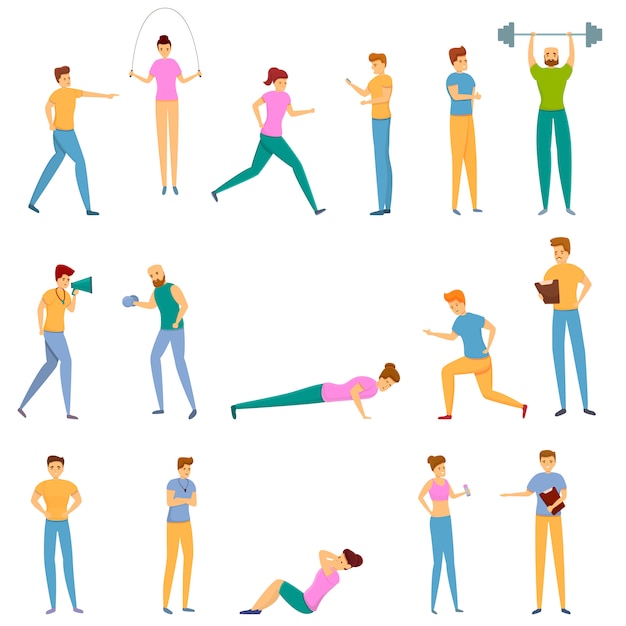 Personal trainer icons set, cartoon-stil