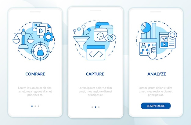 Personalisierte Marketingstrategie blauer Onboarding-Bildschirm für mobile Apps