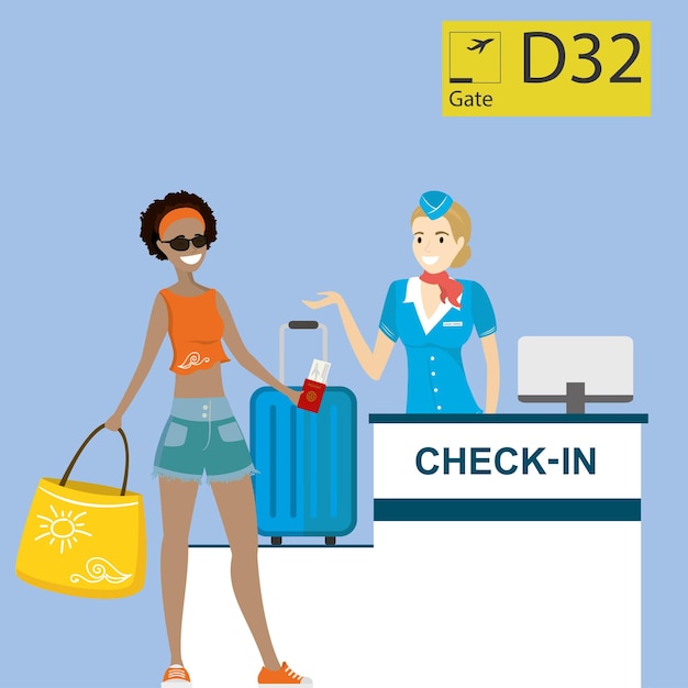 Vektor personen am flughafen am registrierungsschalter urlaubs- und reisevektor-illustration