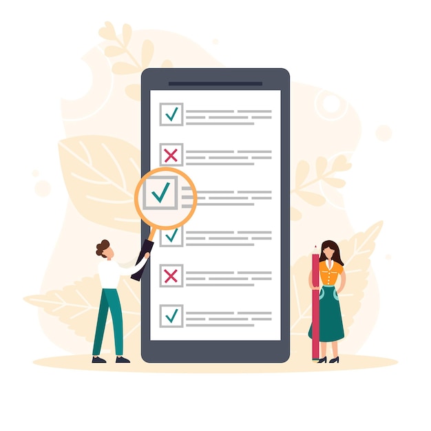 Personen, die ein Online-Umfrageformular auf dem mobilen Bildschirm ausfüllen. Winzige Person mit Lupe in der Nähe einer riesigen Checkliste. Kundenfeedback, Servicerate. Flache Vektorillustration.