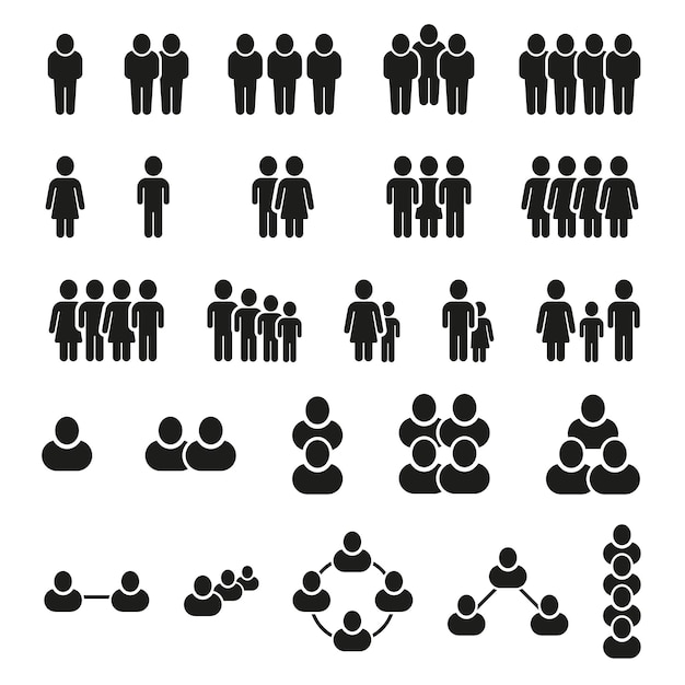 Personen-Ikonen Gruppe von Angestellten Geschäftsgemeinschaft Mitarbeiter Team Web of Line Mensch Familien und Arbeiter Männer oder Frauen Körperfiguren Vektor schwarze Silhouette Symbole Satz