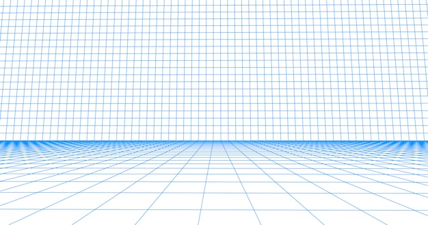 Perspective Raster Bodenfliese. Ausführliche blaue Linien auf weißem Hintergrund.