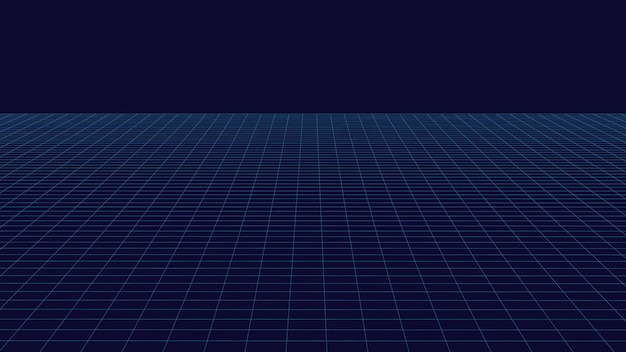 Perspektive blaues Gitter auf dunklem Hintergrund Futuristische Vektordarstellung Hintergrund im Stil der 80er Jahre