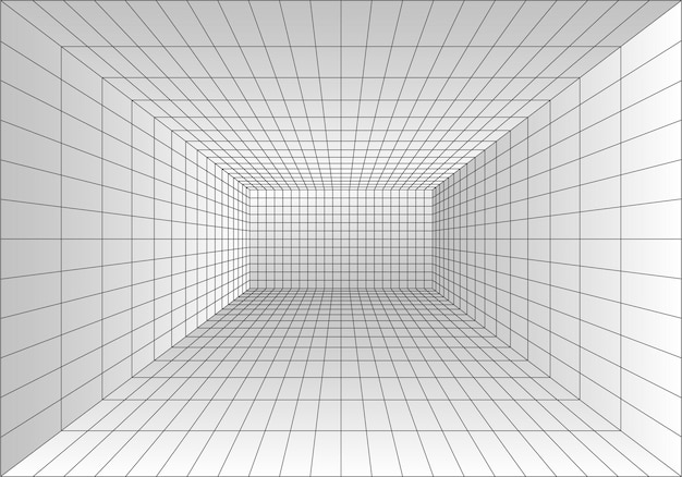 Vektor perspektive rasterraum drahtmodell abstrakter würfel digitale datenvisualisierung vektorillustration