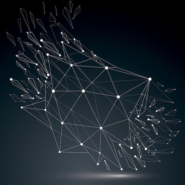 Perspektiventechnologie zerstörte form mit leuchtenden verbundenen weißen linien und punkten, polygonales drahtgitterobjekt. explosionseffekt, abstraktes facettiertes element, das in mehrere fragmente zerbrochen ist.