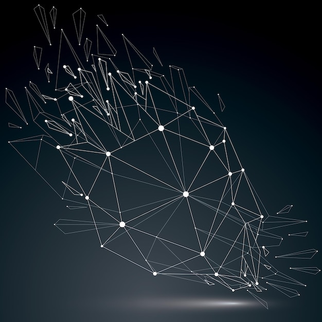 Perspektiventechnologie zerstörte form mit leuchtenden verbundenen weißen linien und punkten, polygonales drahtgitterobjekt. explosionseffekt, abstraktes facettiertes element, das in mehrere fragmente zerbrochen ist.