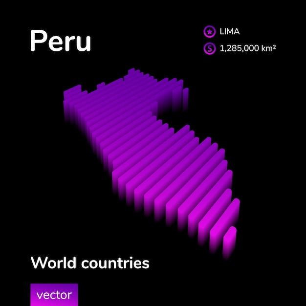 Peru d-karte stilisierte neon einfache digitale isometrische gestreifte vektorkarte von peru ist in violetten farben an