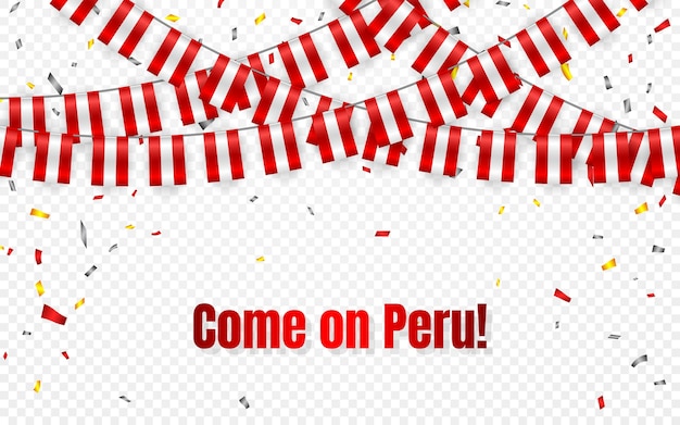 Peru kennzeichnet girlande auf transparentem hintergrund mit konfetti. hang bunting für peru unabhängigkeitstag feier feier banner,