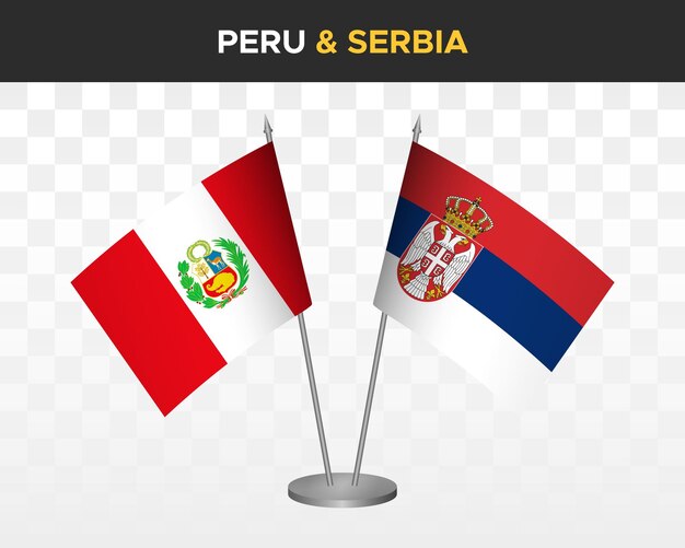 Peru vs serbien schreibtischfahnen mockup isoliert 3d-vektor-illustration tischflagge