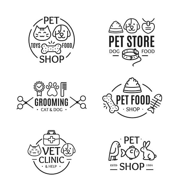 Pet shop abzeichen oder etiketten line art set vector