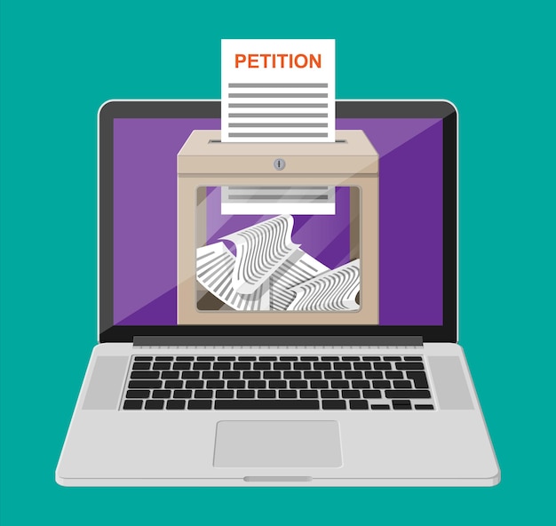 Petitionsbox, dokument auf laptop-bildschirm. petition online unterschreiben. konzept der veränderung über das internet. vektorillustration im flachen stil