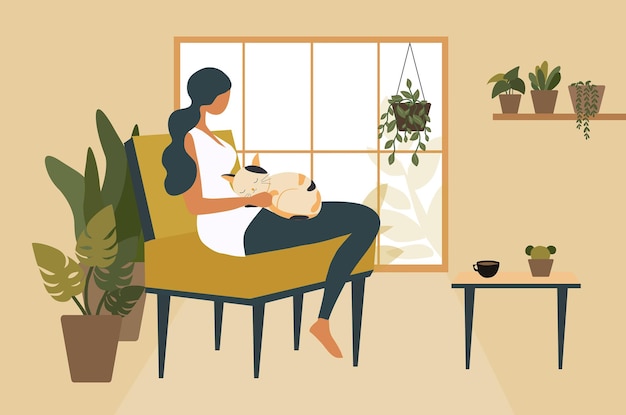 Petsumer-Konzeptfrau mit schöner Katzenvektorillustration