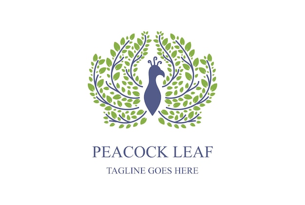 Pfau-Pfau-Vogel mit frischem grünem Blatt verlässt Laub-Logo-Design-Vektor