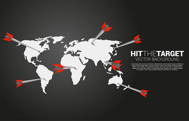 Pfeil bogenschießen traf auf den globus. geschäftskonzept des globalen marketingziels und des kunden. unternehmensvision mission und ziel.