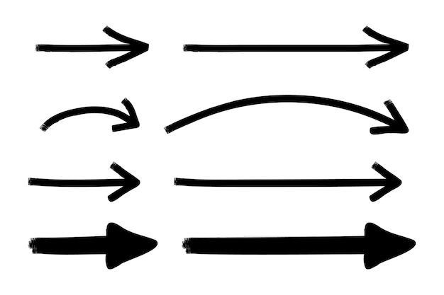 Pfeil handgezeichnete whiteboard marker stift schwarz vektor-set. textmarker pfeilzeichen isoliert auf weißem hintergrund