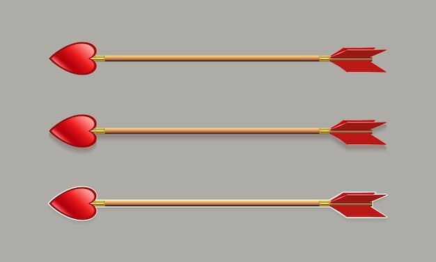Pfeil mit einer spitze wie ein rotes herz und rotes gefieder, set, gestaltungselement.