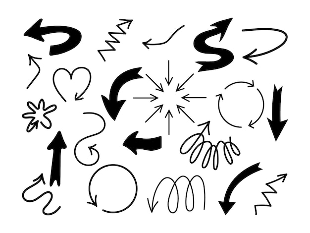 Pfeil-Symbol und Doodles-Sammlung Vektor-Satz von Richtungs- und Dekorationselementen Handgezeichnet
