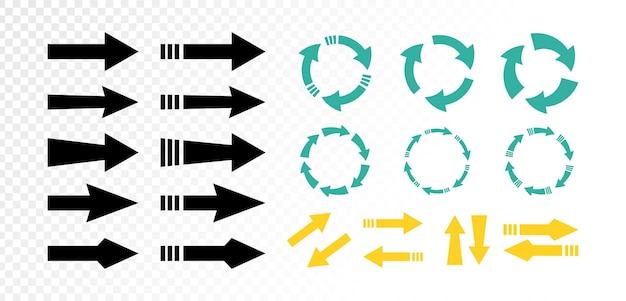 Vektor pfeil-vektor-symbolsatz schwarzes pfeilsymbol grüne pfeile recycling-symbole und gelbe pfeile