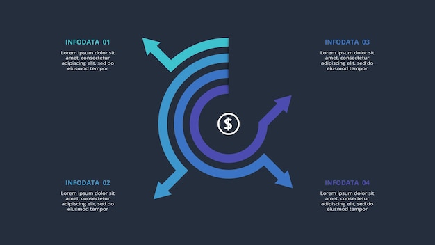 Pfeile dunkel Infografik mit 4 Elementen Vorlage für das Web auf einem schwarzen Hintergrund Business-Präsentation Vektor