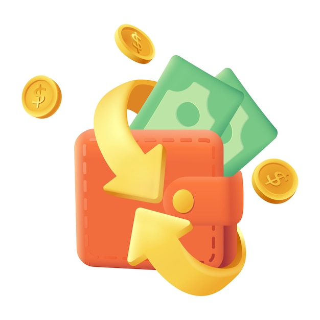 Pfeile um Brieftasche mit Geld 3D-Cartoon-Stil-Ikone. Flache Vektorgrafik für Cashback, Geld oder Bargeldrückerstattung. Finanzen, Reichtum, Währung, Zahlung, Bankkonzept
