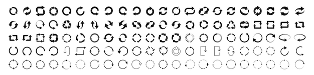 Pfeilensatz von 110 schwarzen ikonen pfeil-ikonen satz von kreisförmigen pfeilen, die sich auf weißem hintergrund drehen