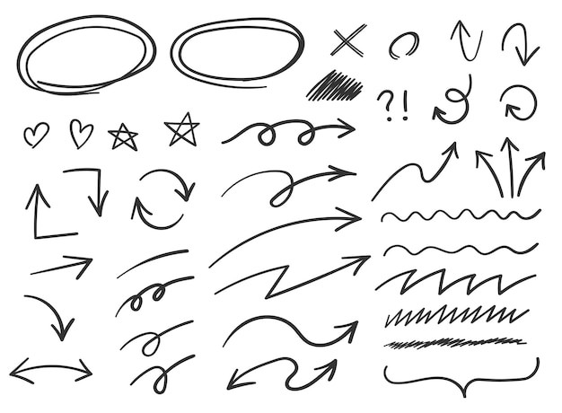 Pfeilkreise und abstrakte Doodle-Symbole im handgezeichneten Stil