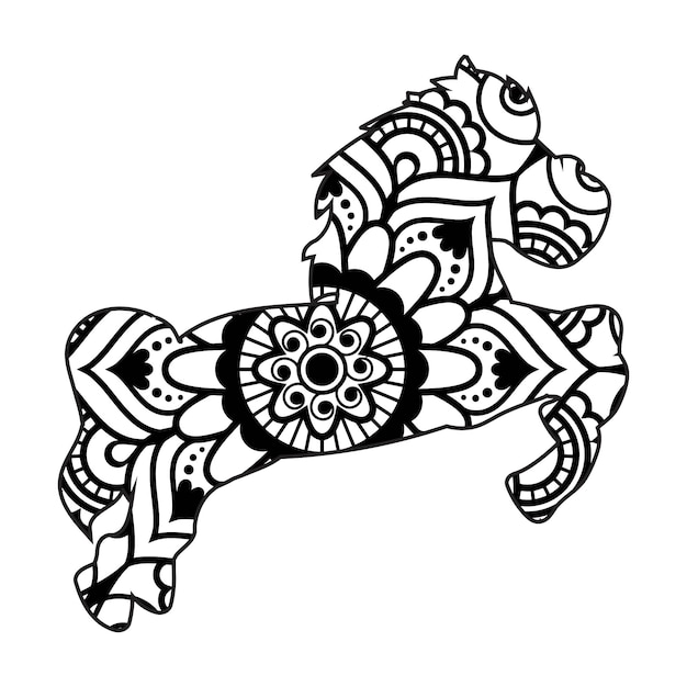 Pferde-mandala-malseite für kinder und erwachsene, einhorn-tier-mandala-vektorlinie kunst-design-stil