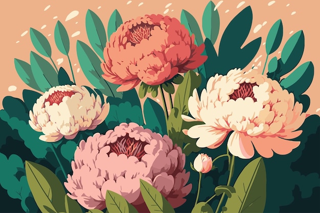 Pfingstrosen und wilde blumen botanischer natürlicher pfingstrosen-illustrationshintergrund