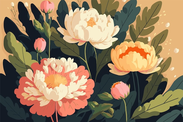 Pfingstrosen und wilde Blumen botanischer natürlicher Pfingstrosen-Illustrationshintergrund
