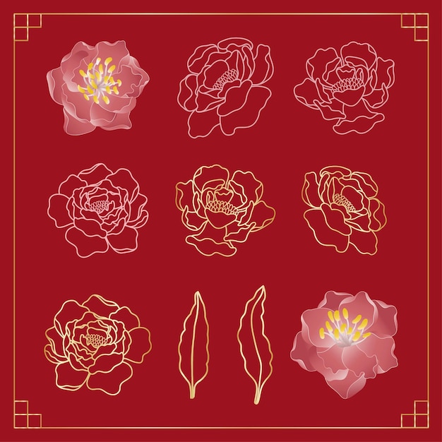Pfingstrosenblumen-Vektorsymbol auf rotem Hintergrund im orientalischen Stil