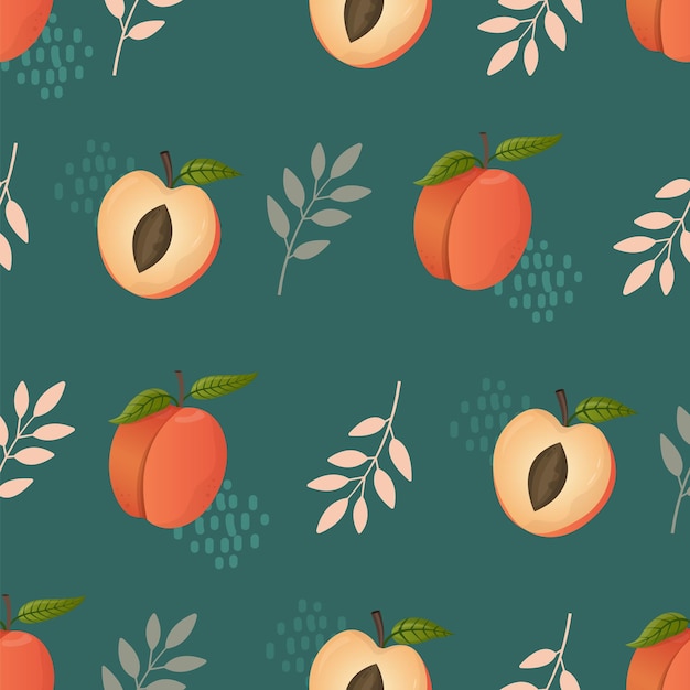Pfirsich-obst und pflanzen nahtlose muster pfirsich im cartoon-stil wiederholte kulisse ganze frucht und halbierte lebensmittel-vorlage für den hintergrund textilverpackungspapier tapete vektor-illustration